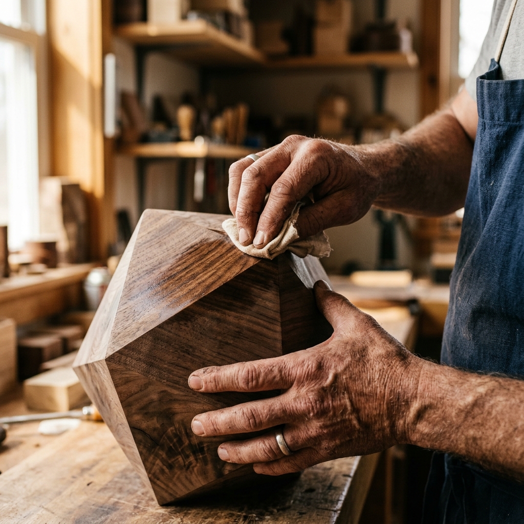 Artisan hands polishing handcrafted wood sculpture