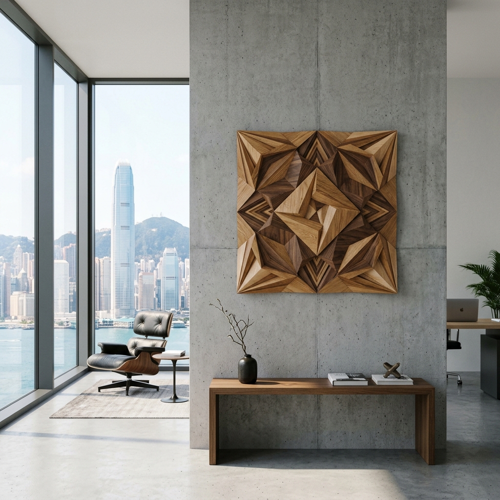 Bespoke geometric wood art spotted in a luxury Hong Kong office