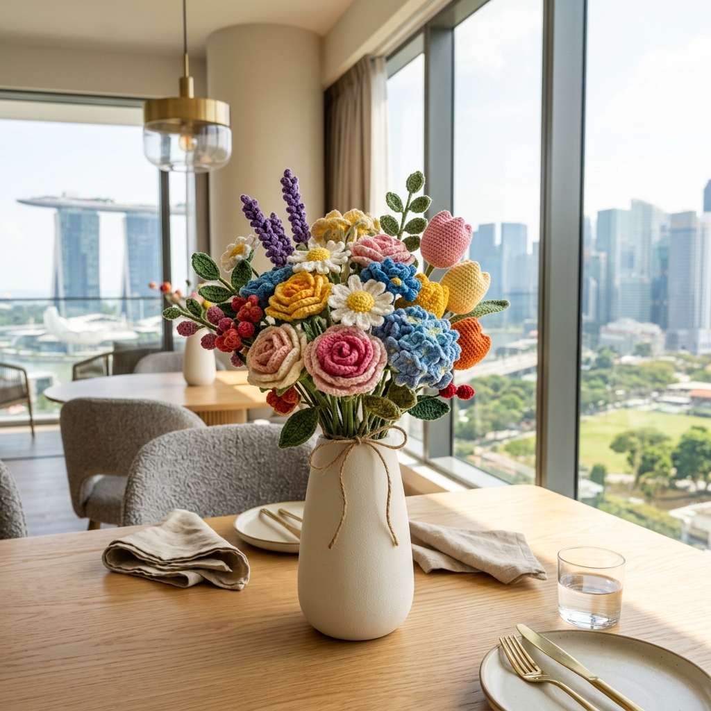Crochet bouquet spotted on a dining table in a bright Singapore flat