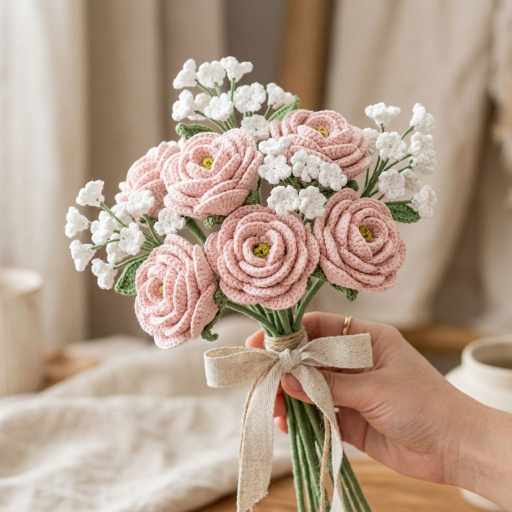 Blush Rose Crochet Bouquet