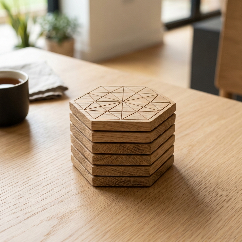 Geometric Oak Coaster Set (6-Piece)